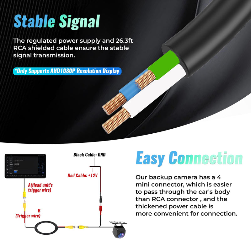 AHD 720P/1080P Backup Camera for Car with Dynamic Trajectory Guide Line,170° Wide Angle RCA Rearview Reversing IP69K Waterproof Camera Night Vision Reverse Rear View Cameras for Vehicle SUV RV | AHD 1080P HD Backup Camera，170° Wide Angle View，IP69K Wat...