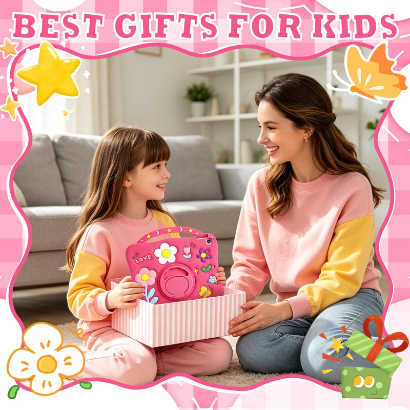 SAMONPOW for iPad 9th/8th/7th Generation Kids Case 10.2 Inch 2021/2020/2019 | Girly Flower Silicone Cover 9th/8th Gen iPad Case 10.2 Inch for Girls with 360°Rotating Stand Handle Pencil Holder, Hot Pink for iPad 9th/ 8th/ 7th Gen Case