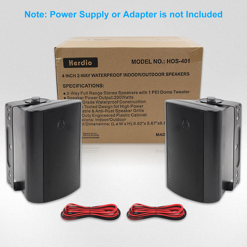 Herdio 4 Inches Passive Outdoor Speakers with 200Watt Powerful Bass Expansive Stereo Sound Coverage All-Weather Durability (Pair, Black)