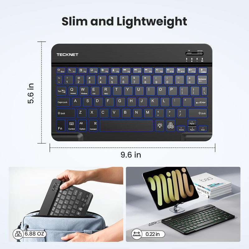 TECKNET Bluetooth Keyboard for iPad, Rechargeable Small Portable Keyboard | Wireless Keyboard with Backlit, Slim Quiet Keyboard for iPad A16 11th 10th Generation iPad Pro Air, Computer for iOS/Android Black