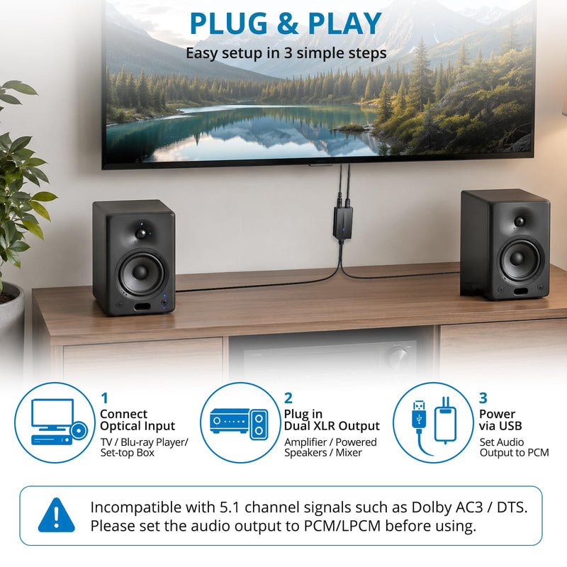 AUTOUTLET 192kHz Optical to Dual XLR Stereo Converter, SPDIF/Toslink to XLR Male Analog Audio Adapter with 3.4 ft Integrated Cable and 3 ft Optical Cable for Amplifiers and Powered Speakers