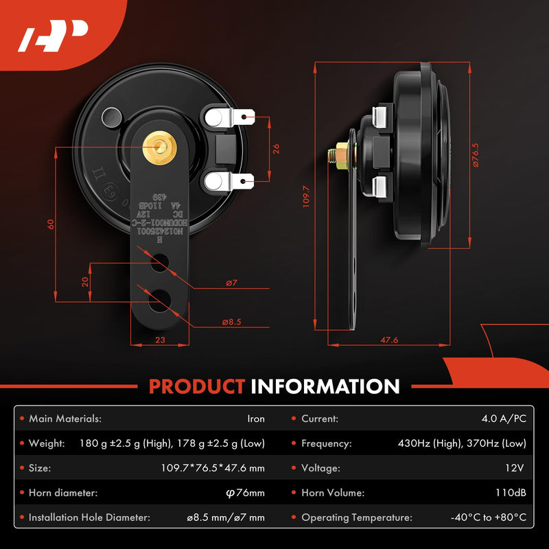 A-Premium - Disc Horn 2PCS High & Low Universal Electric Horns - 12V 110 dB - Compatible with Passenger Car, Commercial/Off-Road Vehicle, Motorcycles, ATVs, Scooter, Dirt/Pocket Bikes & More, 76 mm