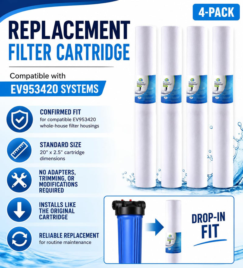 CFS – Compatible with EV953420 Models Sediment Water Filter Cartridges 4-Pack – 5 Micron Whole House Pre-Filter Replacement – Removes Dirt, Rust & Sand
