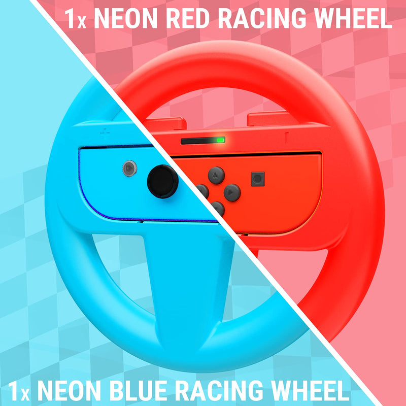 Orzly Steering Wheels for Nintendo Switch & OLED JoyCons, Racing Wheels for Mario Kart 8 Deluxe [Mariokart Switch Steering Wheel Joycon Controller Attachment Accessories] - TWIN PACK[1x Red & 1x Blue] 1x BLUE & 1x RED Steering Wheel for Nintendo Switch