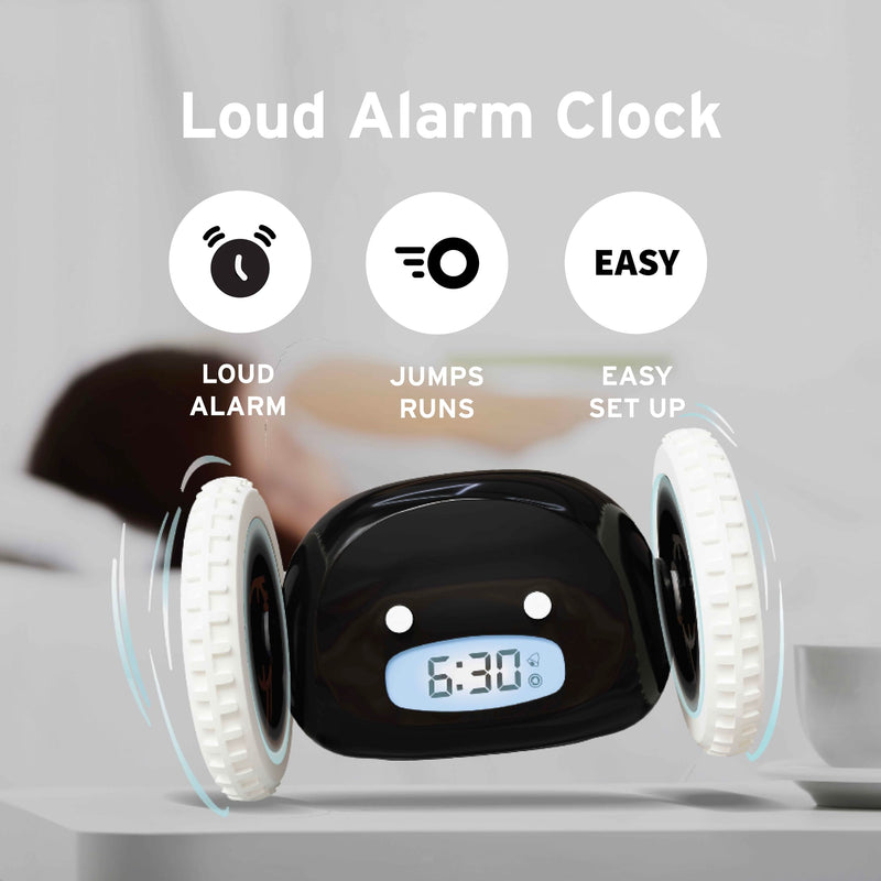 CLOCKY Alarm Clock on Wheels – Loud Rolling Alarm Clock for Heavy Sleepers | Runaway Clock that Jumps & Runs to Wake You Up | Funny Unique Gift for Adults, Teens & Kids Bedrooms (Black) Black
