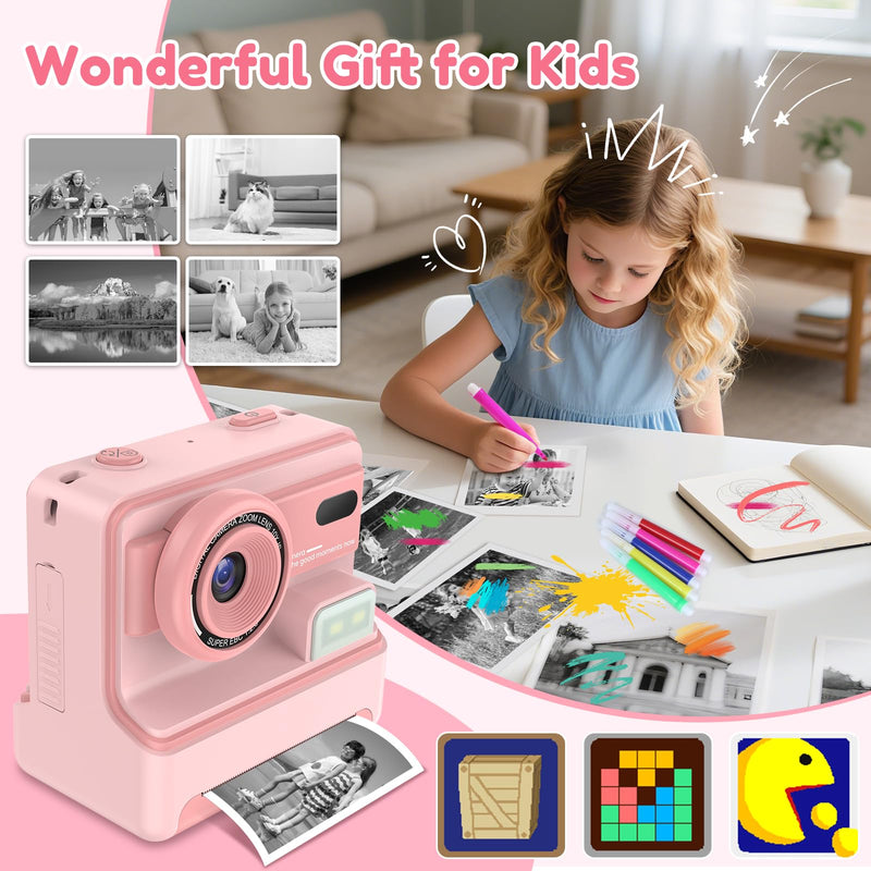 Kids Camera Instant Print, Dual-Lens Selfie Camera for Kids with 1080P Videos, 2.4 Inch Screen, 32GB SD Cards & 3 Rolls Print Paper, Christmas Birthday Gifts for Girls Age 3-12 Pink