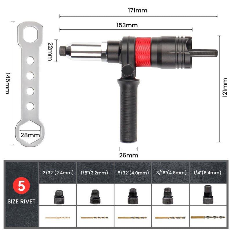 YUZES Rivet Gun Kit Adapter for Cordless Drills and 8mm Ratchet Wrench, Rivet Tool with (3/32", 1/8", 5/32", 3/16", 1/4") Interchangeable Rivet Heads and 5 Twist Drill, Easy Processing for Pop Rivet