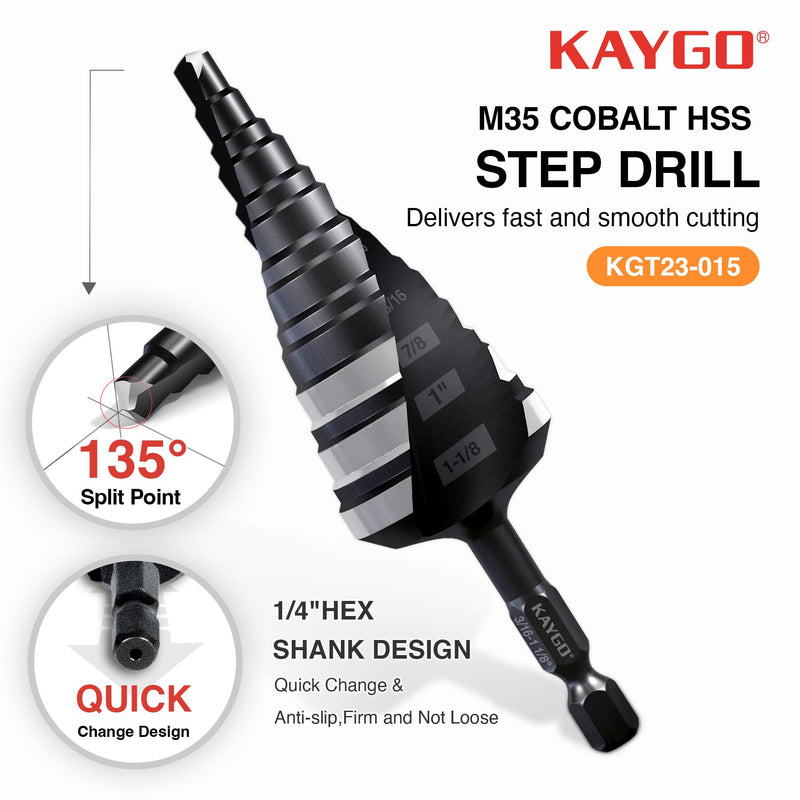 KAYGO M35 Step Drill Bit,3/16 to 1-1/8 inch Unibit Step Bit with Double Sprial Flute,1/4 -inch Hex Shank Drill Bit for Metal,Stainless Steel, Aluminum,Copper,Wood,PVC 3/16"- 1-1/8"