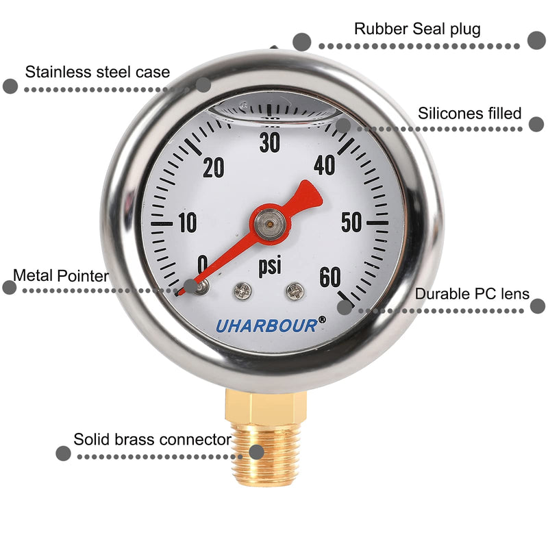 Glycerin Filled Pressure Gauge with 304 Stainless Steel Case, 1-1/2" Dial Size, 0-60Psi, High Accuracy, 1/8" NPT Center Lower Mount Lower Mount（Single scale）