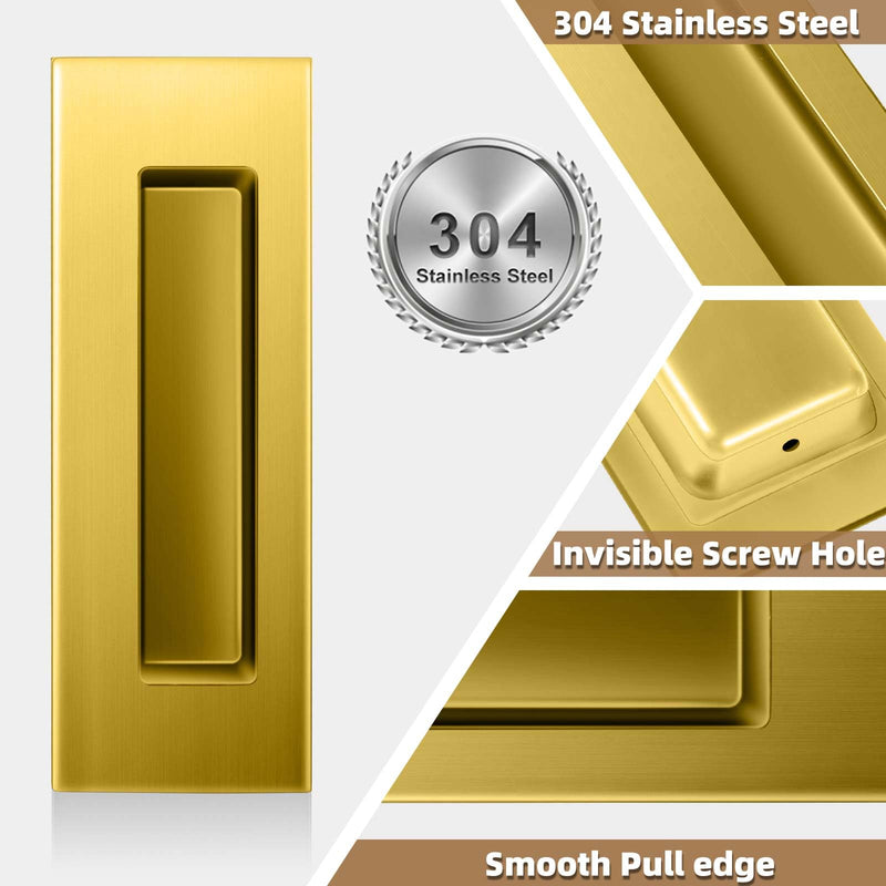 6-Inch Pocket Door Hardware Set - Complete 304 Stainless Steel Kit with Pop-Out Ring Pocket Door Handle, Edge Pull,Door Thickness Minimum 1 7/14 inches Gold