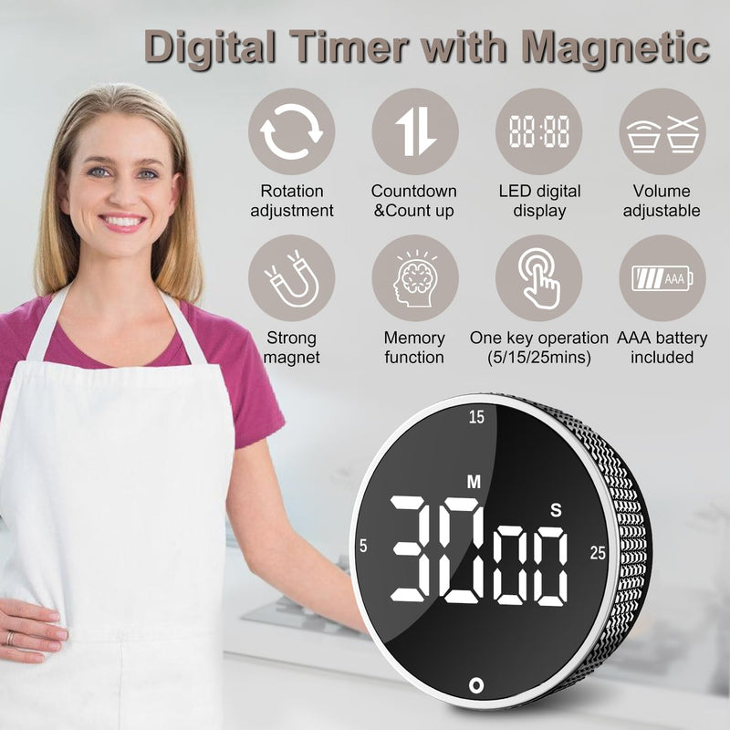 Digital Kitchen Timer with HD LED Display, Magnetic Countdown & Countup Timer for Cooking, 99 Minutes Rotating Pomodoro Timer for Classroom, Fitness, Office. Silver