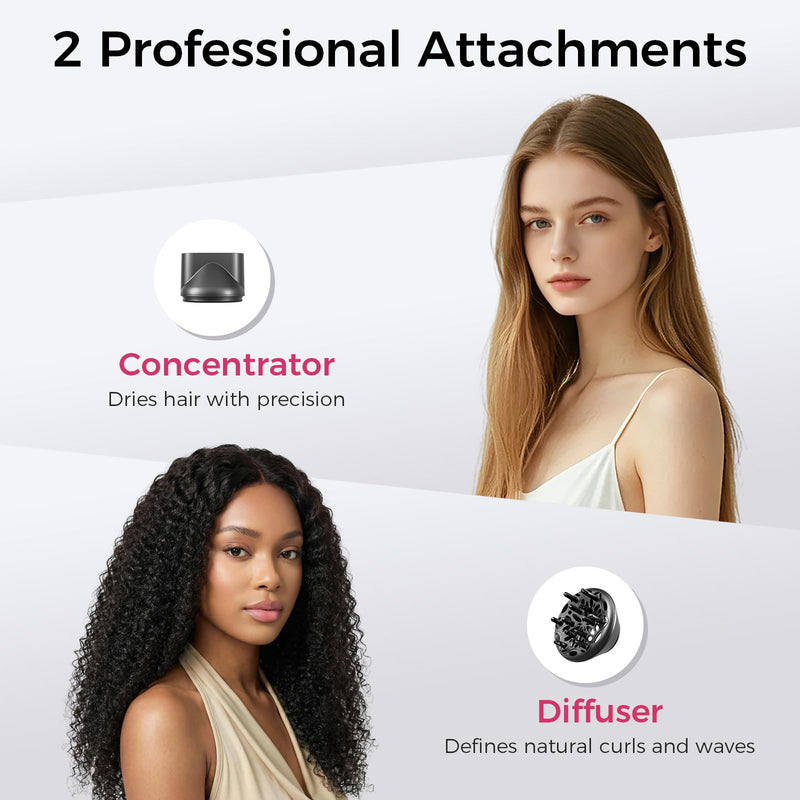 Hair Dryer Ionic Hairdryer, Professional Fast Drying Blow Dryer for Curly&Straight Hair with Diffuser&Concentrator, Lightweight Travel Hairdryer with 3 Speed&3 Temp&Cool Air for Women&Men