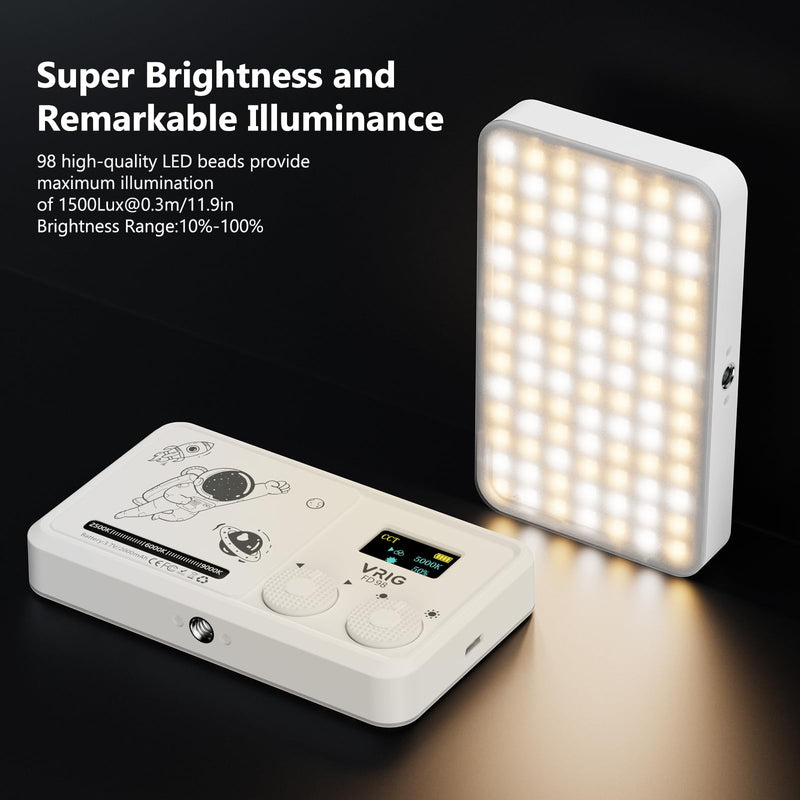 VRIG FD-90 LED on Camera Video Light, Portable Camera Lights, 20 Light Scenes,98 LED Beads for Photography Video Lighting, Rechargeable 2000mAh CRI 95+ 2500-9000K w Cold Shoe