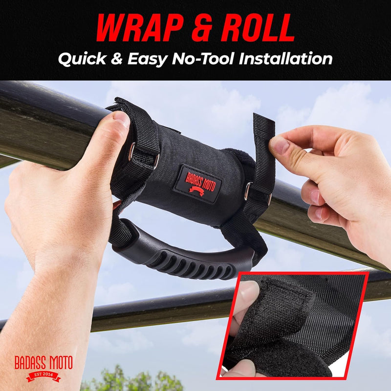 Badass Moto Roll Bar Grab Handles - SXS, ATV, & UTV Grab Handles Grips for 1.5 to 2" Rollbar - Black & Red Hand Grip Grabs with Stainless Steel Buckles for Honda, Teryx, Can-Am, Polaris, More - 2 pack Black 2-PK
