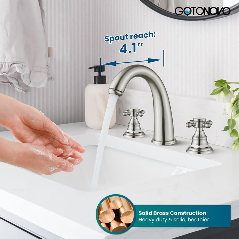 gotonovo 8 inch Widespread Bathroom Sink Faucet Fixtures Bathroom Faucets for Sink 3 Hole 2 Cross Handles Deck Mount with Pop Up Drain Water Supply Lines No Label Brushed Nickel