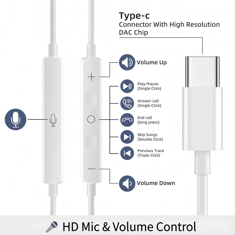 5 Pack Upgraded USB C Headphones for iPhone 17/16/15 Pro Max iPad Plus TypeC Earphones with Microphone Volume Control USBC Wired Earbuds USB Type C Earphone for Samsung S26/S25(1.2M/4Ft)