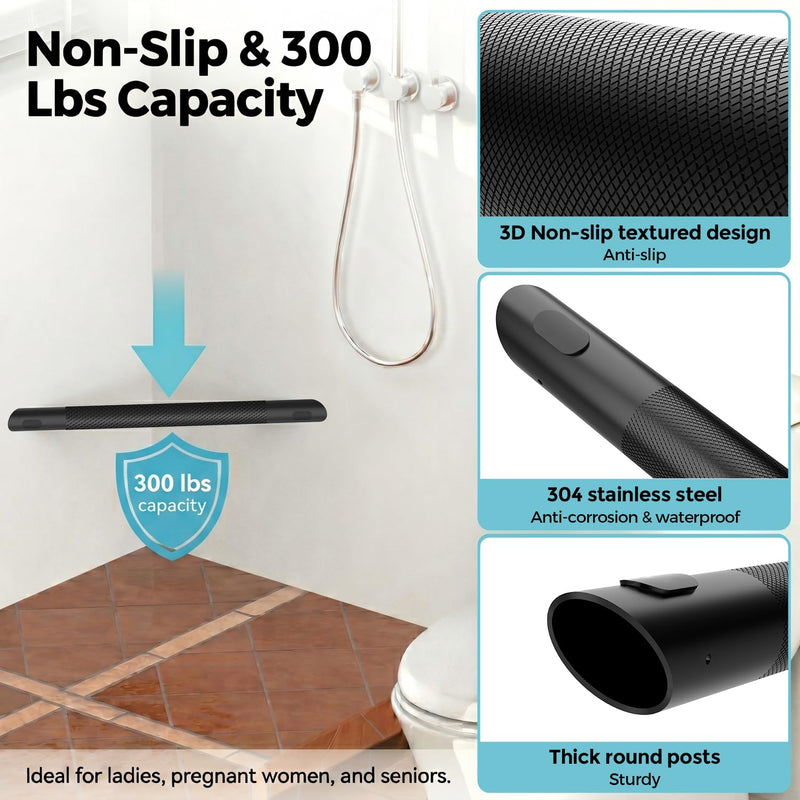 Heavy Duty Shower Foot Rest Bar 13in, 300 Lbs Capacity, Non-Slip & Rustproof Stainless Steel Shower Footrest for Shaving Legs, Wall Mounted Corner Shower Step for Small Bathrooms, Matte Black