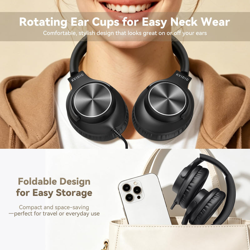 USB C Wired Headphones with Mic, Volume Control, Over-Ear for School, Black | Foldable Plug in Headphones with Volume Control for Teens Classroom Travel, 4.9ft Tangle-Free Cord for Phone Tablet Laptop PC