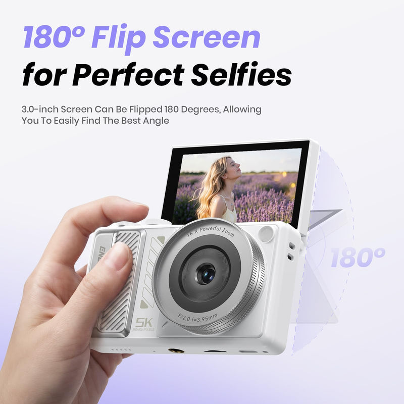 5K Digital Camera for Photography, 2026 Latest 80MP Autofocus WiFi Vlogging Camera for YouTube, 3'' 180° Flip Screen Compact Travel Camera for Beginners with 16X Zoom, 32GB TF Card, Flash (White) White