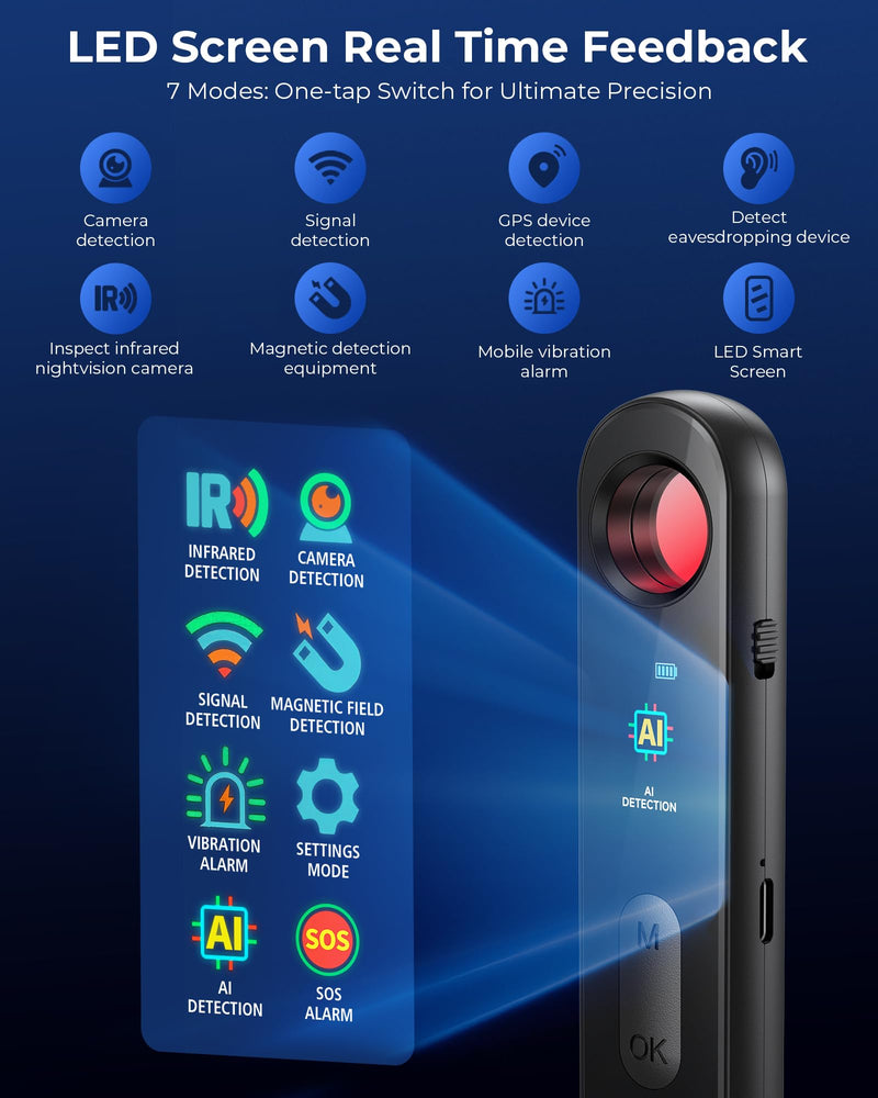 7-in-1 Hidden Camera Detectors, Auto-Detection Anti-Spy Camera Finder | LED Display, AI Chip 25H Battery Wireless GPS Tracker & Bug Detector, Portable RF Signal Scanner for Hotel, Airbnb, Car