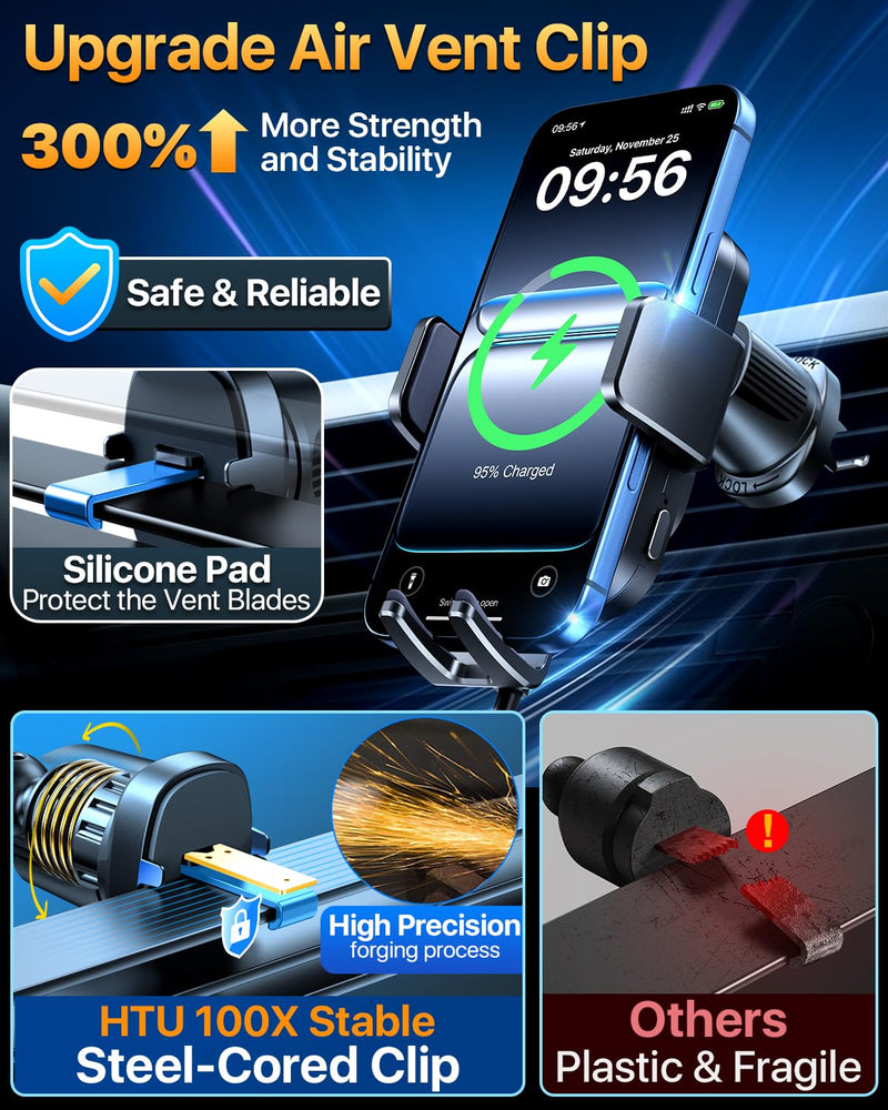 2026 Upgraded Wireless Car Charger Mount, 【Strongest Suction & Military-Grade Certs】 15W Fast Charging Auto-Clamping Phone Holder for Dash Windshield Air Vent, Fit for iPhone & Android, Jet Black