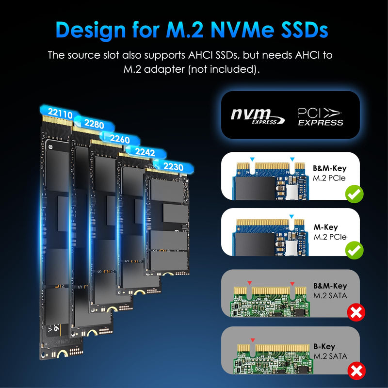 WAVLINK M.2 NVMe SSD Cloner Dock, 10Gbps Dual-Bay NVMe to USB-C/A Enclosure, Supports Offline Clone, UASP, Design for M-Key or M+B Key SSDs in Size 2230/2242/2260/2280/22110, SSD Not Include