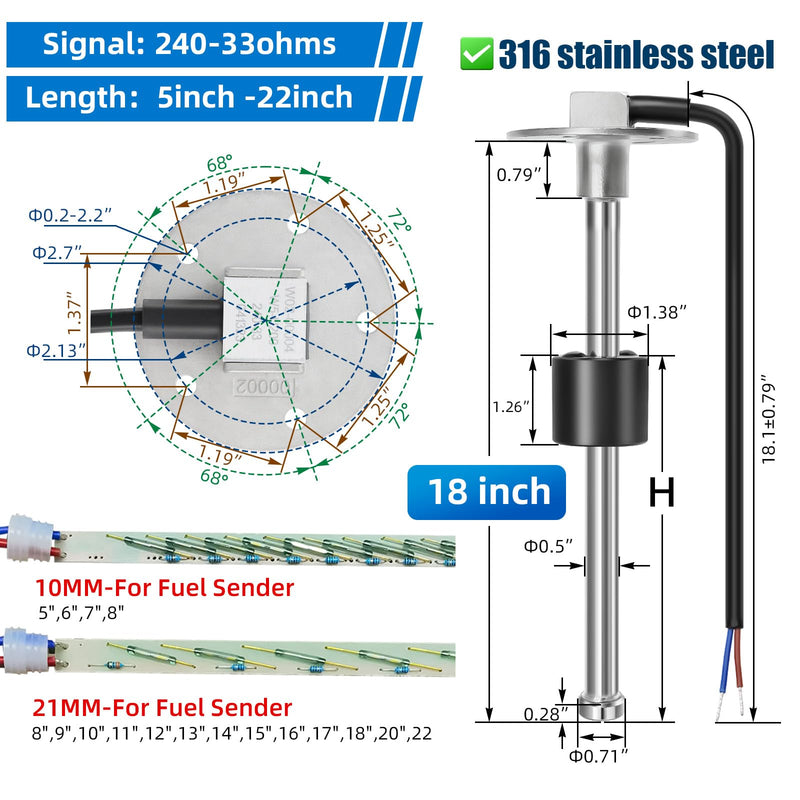 Fuel Sending Unit and Gauge 18"(450mm) 316 Stainless Steel Fuel Tank Level Sender 240-33ohm for AUTO Car Truck Boat Marine(White) White Gauge & Sender 18"