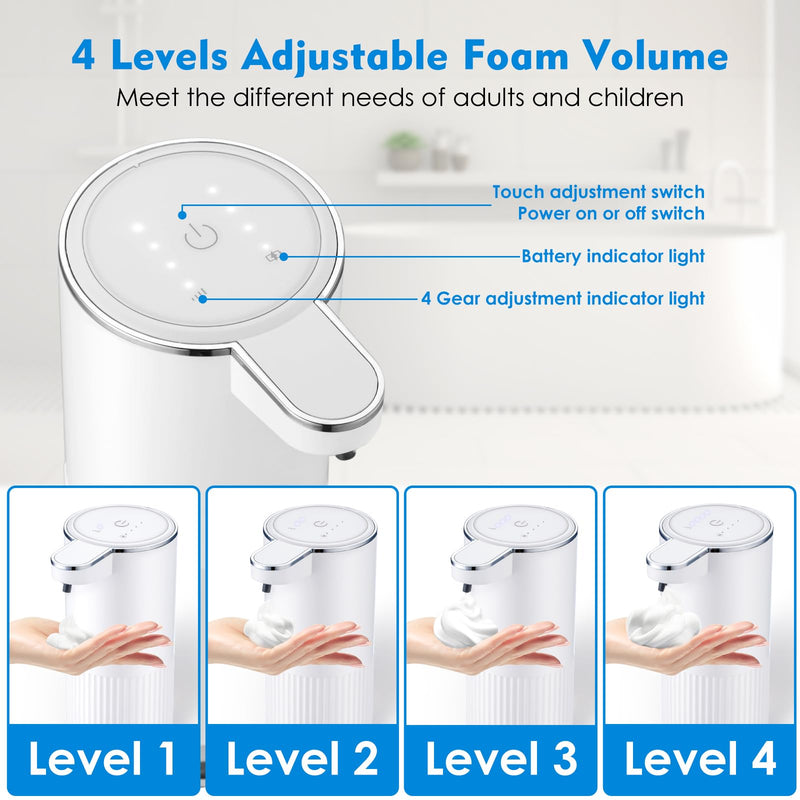 2 Pack Automatic Soap Dispenser Touchless, Rechargeable Foaming Hand Soap Dispenser, 4-Level Adjustable Foam for Bathroom Countertop, Electric (White) White