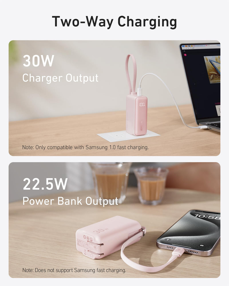 Anker Power Bank USB C Charger Block,3-in-1 5,000mAh Portable Charger with Built-in Lightning Cable and Foldable AC Plug,30W Max Compact Battery Pack,for iPhone 14 Series, Galaxy, MacBook,and More