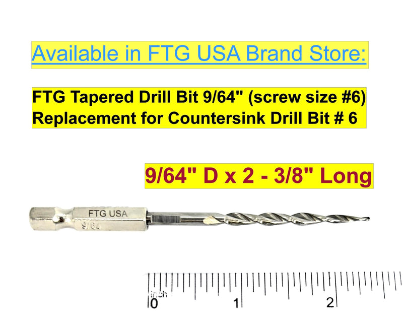 FTG USA 12 Pc #6 (9/64") Adjustable Wood Countersink Drill Bit Set Case | 12pc counter sink drill bit for wood, all same size; parabolic flute, 2 depth stop collar, hex key, storage container 12 Pc Same Size