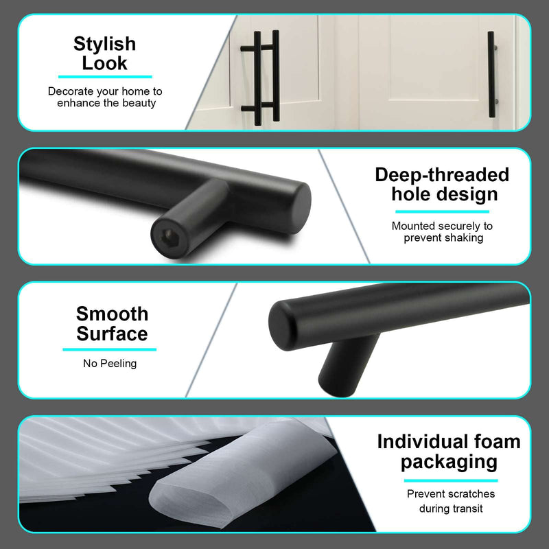 Modket Euro Round Cabinet Handles Pulls 304 Stainless Steel — 6" Overall Length, 3-3/4" (96mm) Hole Centers, Matte Black— 10-Packs 6" Length (3-3/4" [96mm] Hole Center)