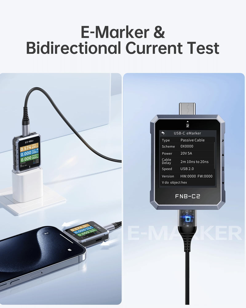 FNIRSI FNB-C2 PD 3.1 USB C Tester 4-50V 6.5A 240W, USB Power Meter with 20-Bit ADC 7-Digit Display Bi-Directional, 1.54" Screen, Curve View & Gravity Sensor, Supports PPS, QC3.0, E-Marker