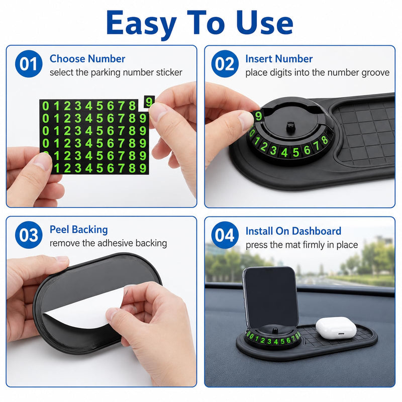 Universal Anti Slip Car Dashboard Mat with 360° Rotating Phone Holder | Multifunction Car Anti-Slip Mat with Temporary Parking Number,dashboard grip pad For Phones Sunglasses Keys(Black Gray)