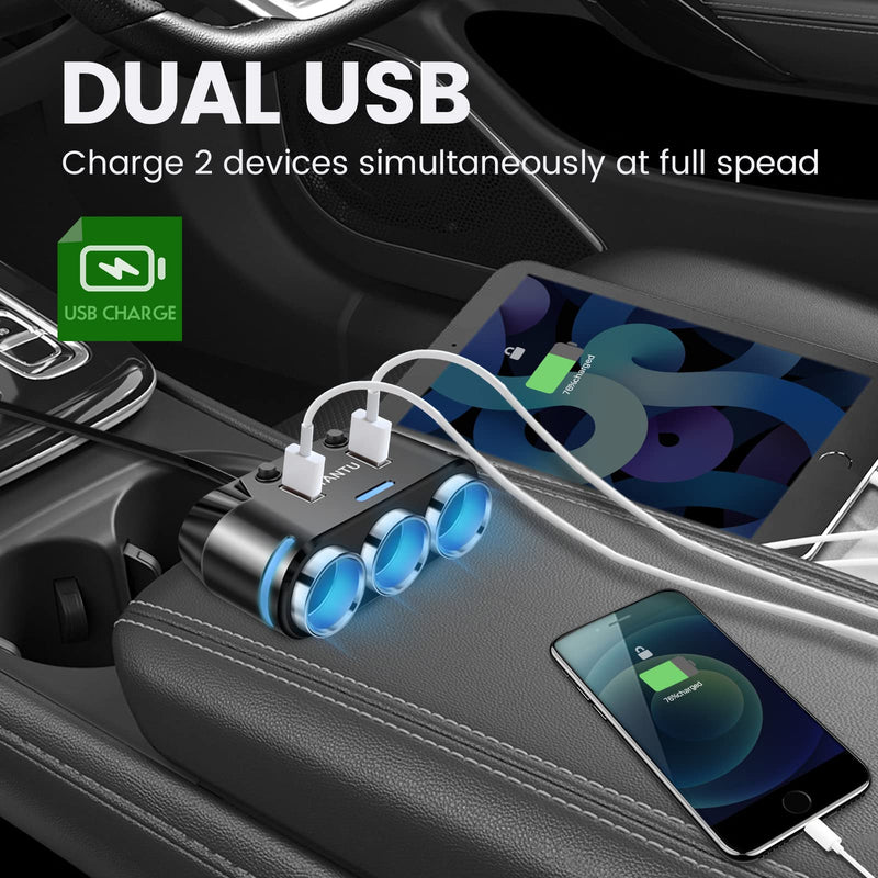 YANTU Cigarette Lighter Adapter & Splitter with 150W 3-Sockets & LED Ambient Lighting, Dual USB Fast Charging Car Outlet 12V, Car Cigarette Lighter Socket Plug Extension for Vehicles BLACK