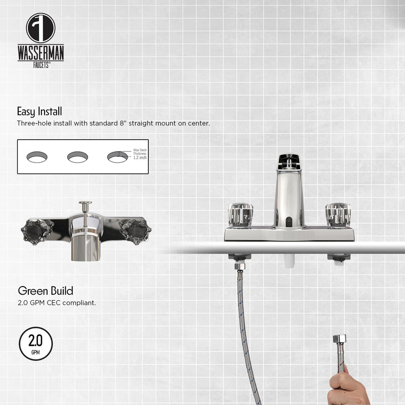 WMF Offset Mobile Home Tub Faucet spout, 8 inch Tub Spout with Diverter, Double Handle Shower Faucet, Chrome, 3 Hole, Bathtub Faucet for Mobile Home, Trailer House, Campers, Motorhome