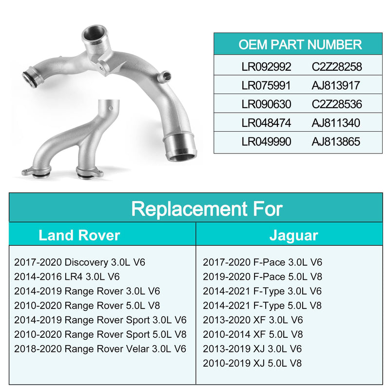 (OEM Part) LR090630 LR092992 AJ813917 AJ813865 C2Z28536 Aluminum Water Pump Thermostat Top Crossover Hose For 2010-2021 Land Rover LR4 Discovery Range Rover Sport, Jaguar XF XJ F-Type F-Pace