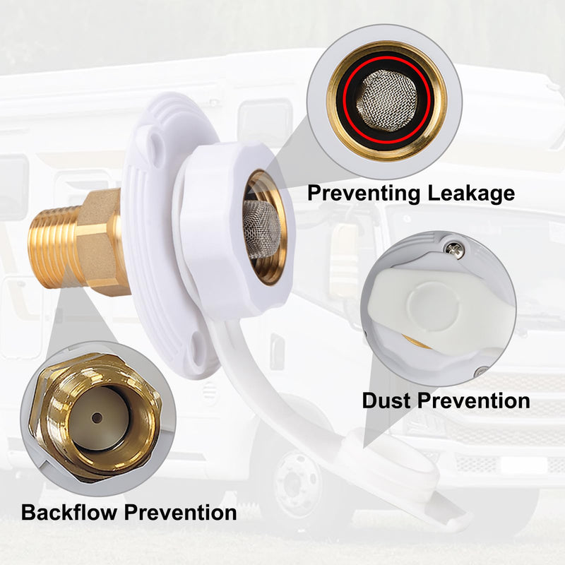 RV City Water Inlet with Check Valve – RV Water Inlet Connection, RV Water Fill Inlet with 3/4" NH Female to 1/2" NPT Male, Ideal for RVs, Travel Trailers, Camping, and Boats in White