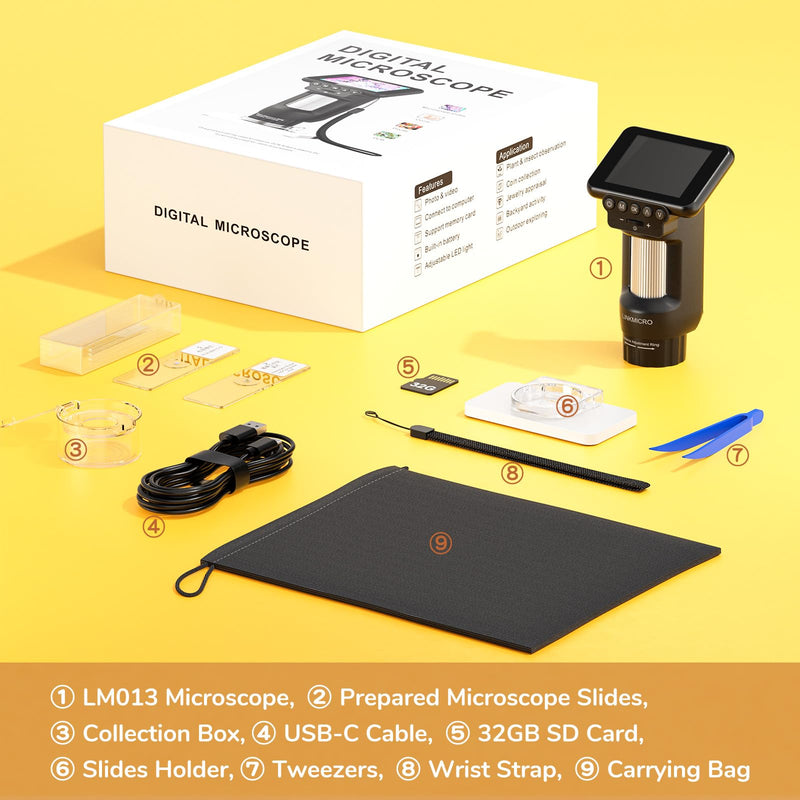LM013 Microscope for Kids Adults Portable, Handheld Microscope Camera with 2.8" Screen, Coins Magnifier with 8 LED, USB Output, Christmas Birthday Gifts, 32GB Black+32GB