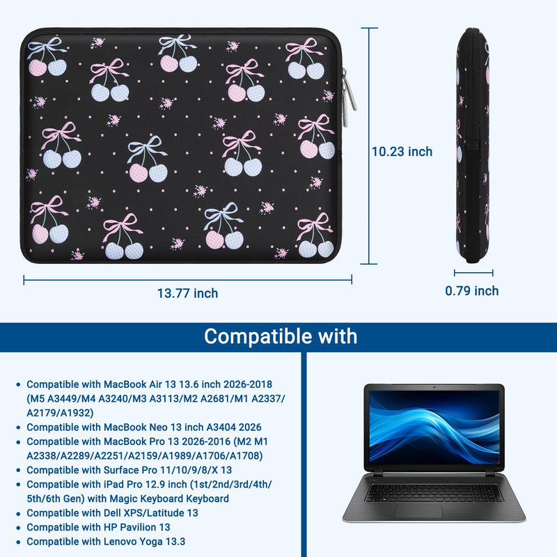 MOSISO 13.3 inch Laptop Case, 13-13.3 inch Laptop Sleeve with Small Case | Compatible with MacBook Neo 13/Air 13.6/Pro 13/Pro 14, HP Dell ASUS Lenovo, Neoprene Cherry Bowknot Carrying Bag, Black