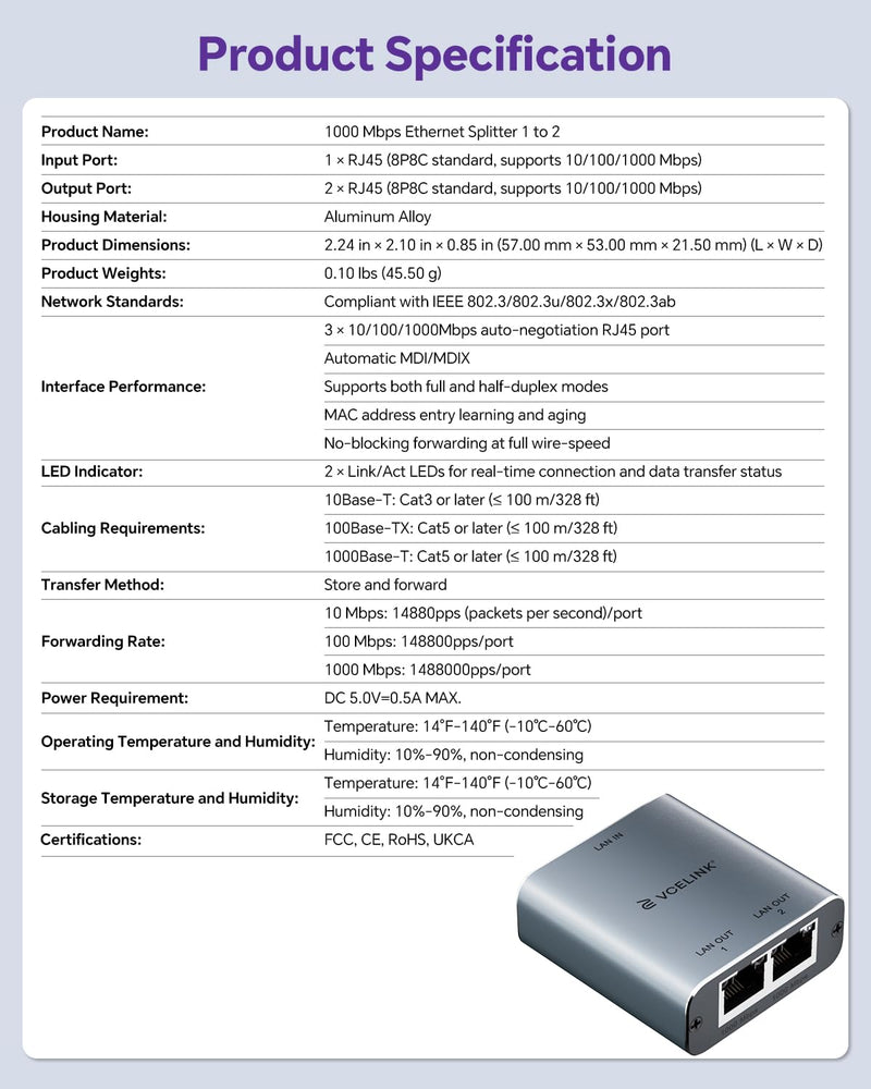 VCELINK Ethernet Splitter 1 to 2, 1000Mbps Ethernet Switch with USB Power Cable, Supports 2 Devices Simultaneously Networking, Compatible with Cat7/Cat6/Cat5, Ideal for PS5, Xbox, Smart TVs, Laptops