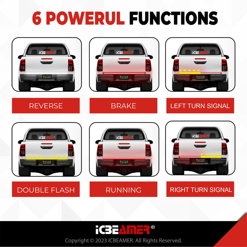 ICBEAMER Triple Row 60 inch 504 pcs LED for Pick up/Truck Tailgate Light Bar Side Bed Light Strip Bar IP67 Waterproof Reverse- 6 Functions Tail/Brake/Sequential/Turn Signals/Reverse/Flashing Lights Triple Rows