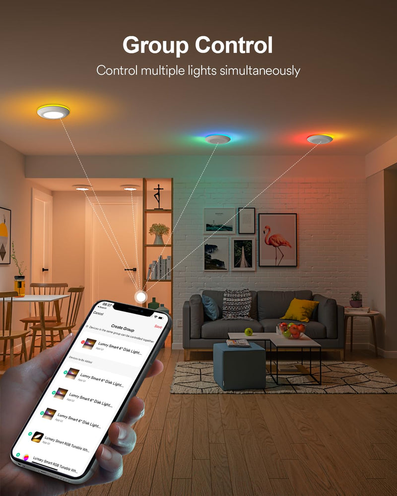 Lumary 5/6 inch Smart RGBAI Led Disk Light Pro, Color Changing Night Light | 1 Pack, CCT 2700-6500K, Flexible Install Flush Mount Ceiling Light, Compatible with Alexa/Google Assistant, Music Sync, Timer