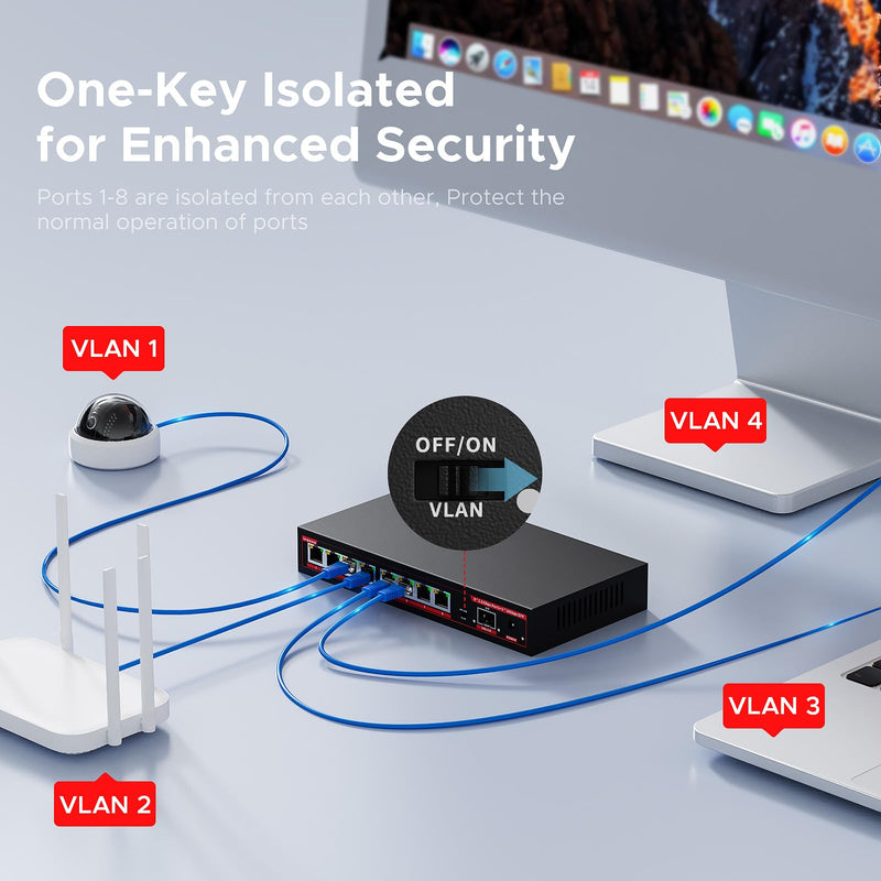 2.5G Switch 9 Ports with 1*10Gb switches , 8 Ports 2.5Gb and 1x10G SFP+ Slot, Vlan Function，Ethernet ,Network Switch, 60Gbps Capacity, Splitter| Plug & Play| Fanless Metal Design| Traffic 9 Port丨8x2.5 Gigabit Ports+1xSFP