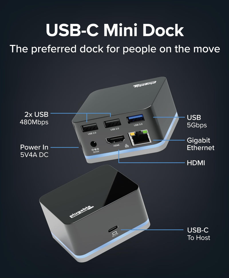 Plugable USB-C Wired Cube Mini Docking Station - Compact HDMI, Gigabit Ethernet, and 3 USB Ports - Works with USB-C, USB4, and Thunderbolt, MacBook, Windows, Chromebook - No Host Charging