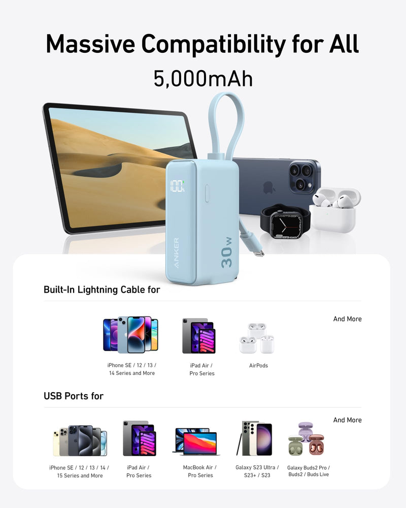 Anker Power Bank USB C Charger Block,3-in-1 5,000mAh Portable Charger with Built-in Lightning Cable and Foldable AC Plug,30W Max Compact Battery Pack,for iPhone 14 Series, Galaxy, MacBook,and More