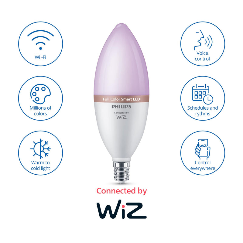 Philips Smart 40W B12 Color LED Smart Candle-Shaped Bulb 4-Pack- E12- Indoor - Connects to Your Existing Wi-Fi - Control with Voice or App + Activate with Motion - Matter Compatible