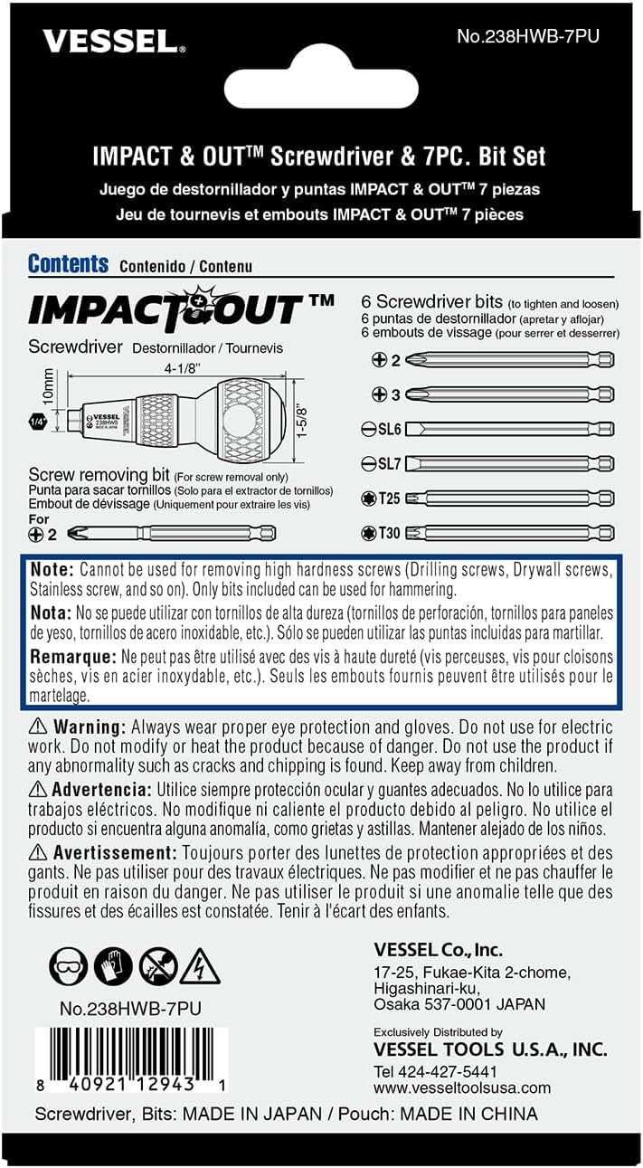 (USA Official) Impact & Out Screwdriver with 7pcs bits and Pouch