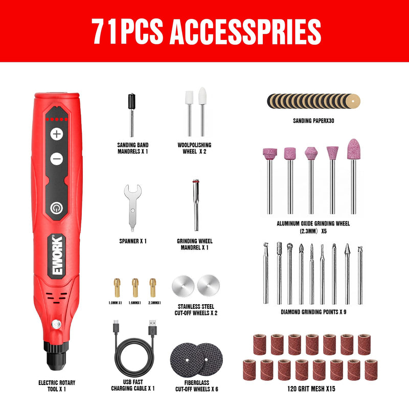 EWORK Cordless Rotary Tool Kit with 71 Accessories, 4V Mini Power Rotary Tool with 5 Variable Speeds & USB-C Charging for Sanding, Engraving, Polishing, Drilling, Carving, DIY Crafts Red (71 Pcs)