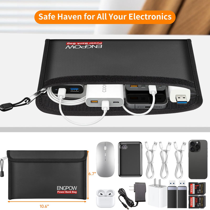 ENGPOW Fireproof Organizer Travel Safe Bag, Portable Electronic Carry Case | Heat Insulated＆Explosion-Proof, Home Travel Storage for Power Bank,Phone,Cables,USB Drive,Charging Protection, 2 Pack, Black 10.6'' x 6.7''