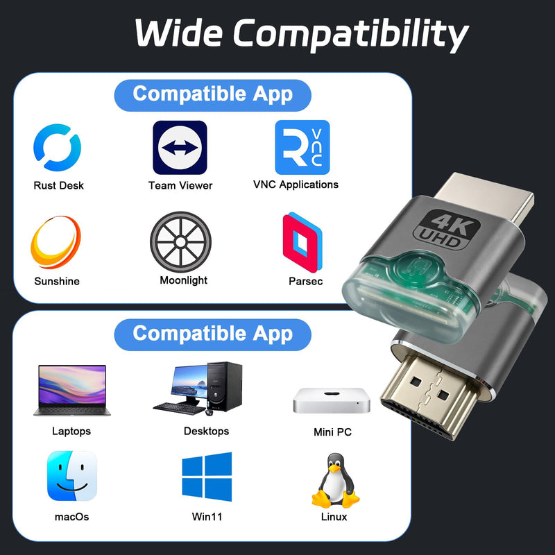 HDMI Dummy Plug 4 Pack for Remote Using PC Computer without Actual Monitor | 4K@60Hz 2K@60Hz 1080P@120Hz EDID Emulator, Virtual Monitor Emulator, HDMI Headless Adapter for Remote PC/Laptop, Plug & Play